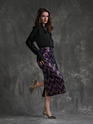 Anewsta Women's Sparkling Shiny Glitter Back Slit Maxi Skirt