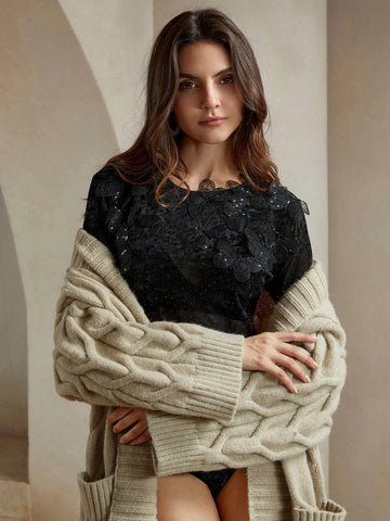 Anewsta Women's Spring Autumn Rhinestone Decor Crew Neck Long Sleeve Bodysuit