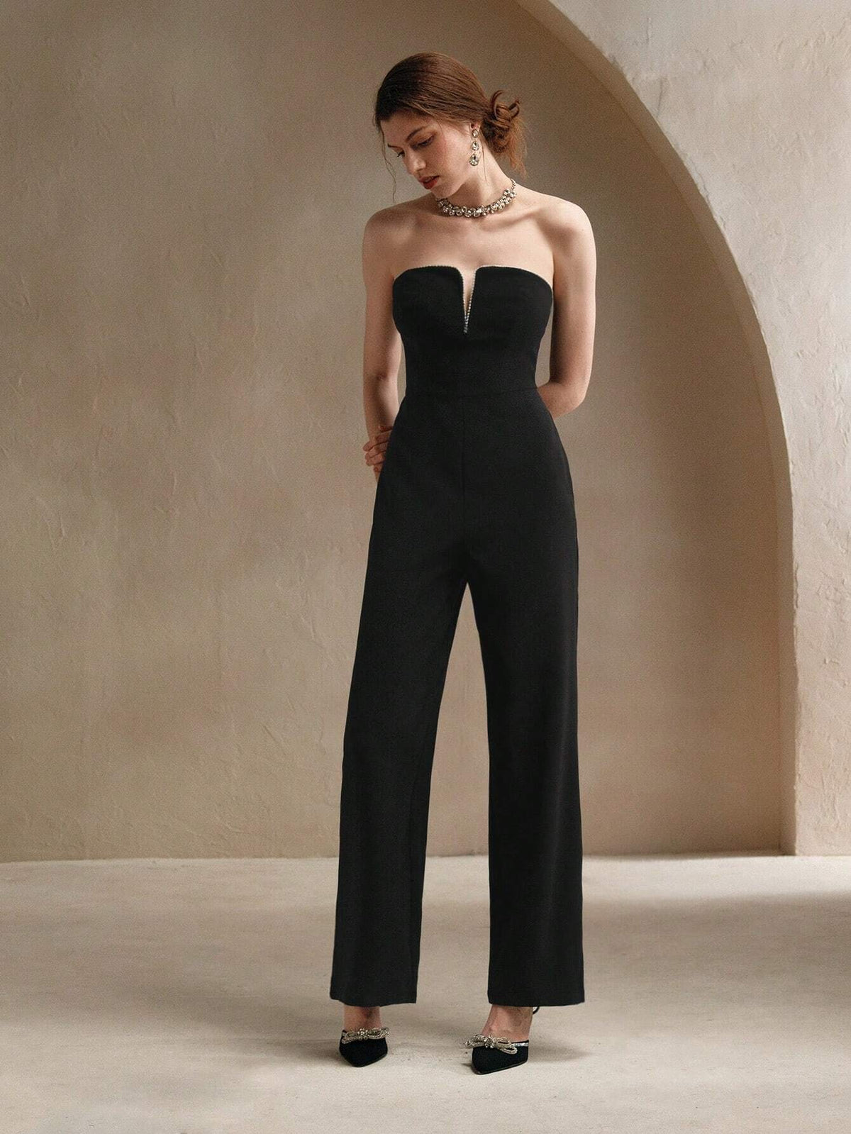 Anewsta Women's Strapless Diamond Chain Embellished Fitted Jumpsuit