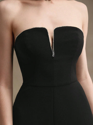 Anewsta Women's Strapless Diamond Chain Embellished Fitted Jumpsuit