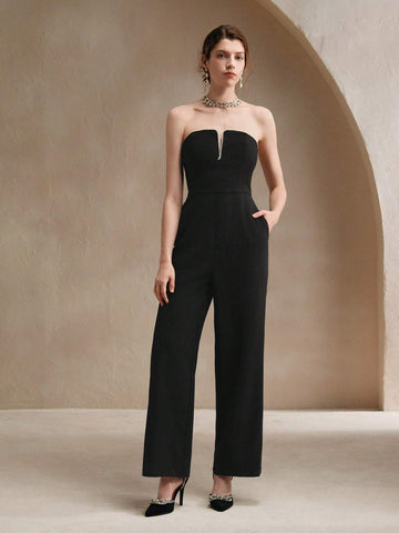 Anewsta Women's Strapless Diamond Chain Embellished Fitted Jumpsuit