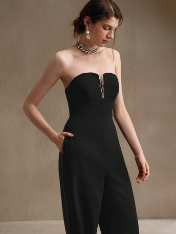 Anewsta Women's Strapless Diamond Chain Embellished Fitted Jumpsuit