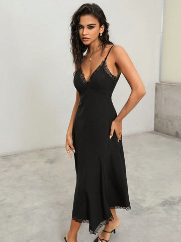 Anewsta Women's Summer Long Elegant Lace Patchwork Asymmetrical Hem Dress