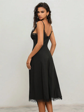 Anewsta Women's Summer Long Elegant Lace Patchwork Asymmetrical Hem Dress