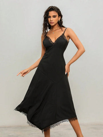 Anewsta Women's Summer Long Elegant Lace Patchwork Asymmetrical Hem Dress