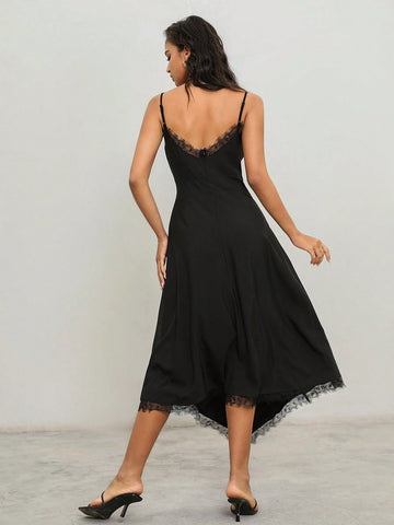 Anewsta Women's Summer Long Elegant Lace Patchwork Asymmetrical Hem Dress