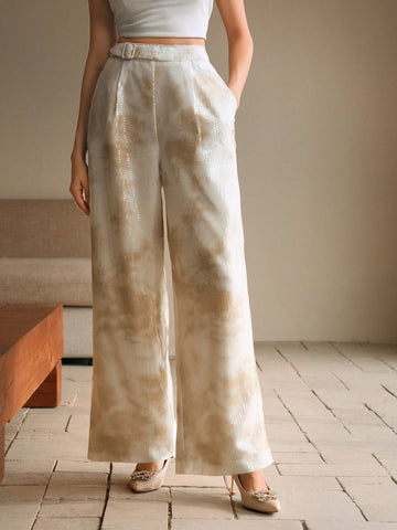 Anewsta Women's Tie-Dye Print Pocket Belted Wide Leg Loose Elegant Pants