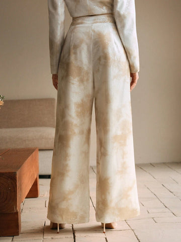 Anewsta Women's Tie-Dye Print Pocket Belted Wide Leg Loose Elegant Pants