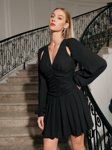 Anewsta Women's V-Neck Lantern Sleeve Pleated Dress