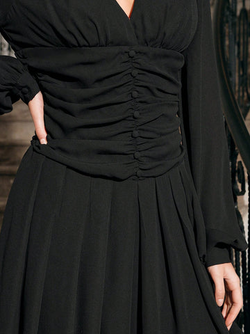 Anewsta Women's V-Neck Lantern Sleeve Pleated Dress