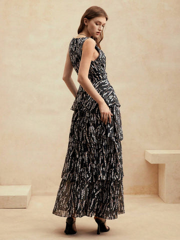 Anewsta Women's V-Neck Multi-Layer Ruffled Strap And 3D Collar Elastic Waist Floral Rope Long Elegant Dress