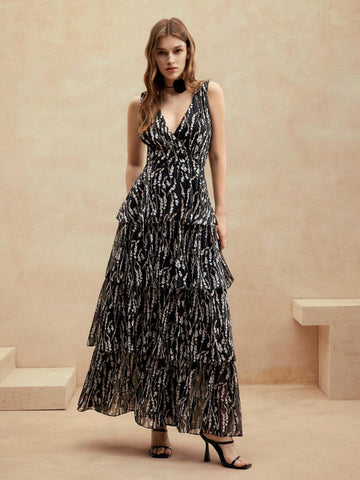 Anewsta Women's V-Neck Multi-Layer Ruffled Strap And 3D Collar Elastic Waist Floral Rope Long Elegant Dress