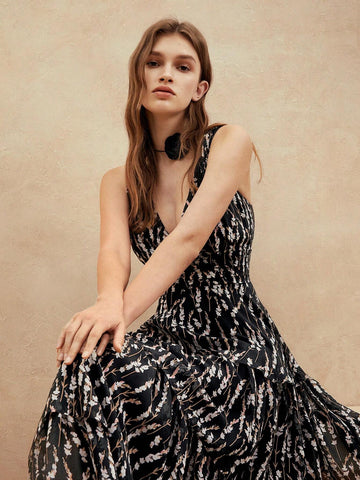 Anewsta Women's V-Neck Multi-Layer Ruffled Strap And 3D Collar Elastic Waist Floral Rope Long Elegant Dress