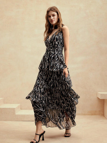 Anewsta Women's V-Neck Multi-Layer Ruffled Strap And 3D Collar Elastic Waist Floral Rope Long Elegant Dress