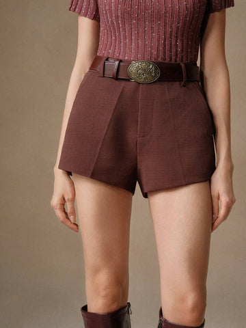 Anewsta Women's Vintage American Chic Low Rise Leather Belt Shorts