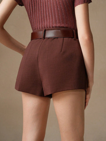 Anewsta Women's Vintage American Chic Low Rise Leather Belt Shorts