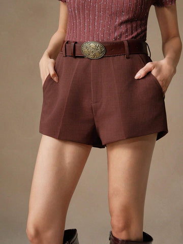 Anewsta Women's Vintage American Chic Low Rise Leather Belt Shorts