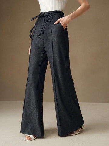 Anewsta Women's Vintage High Waist Tie Belted Wide Leg Flare Palazzo Trousers, New Year's Outfit