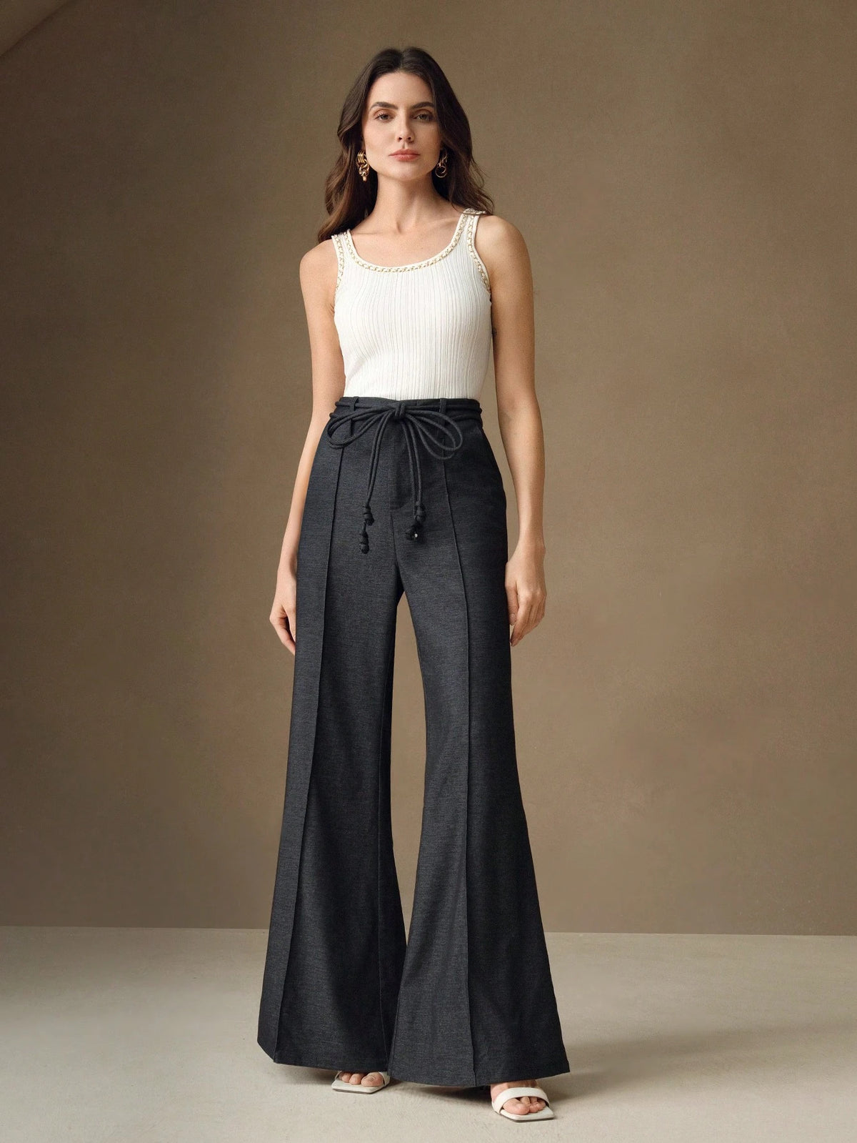 Anewsta Women's Vintage High Waist Tie Belted Wide Leg Flare Palazzo Trousers, New Year's Outfit