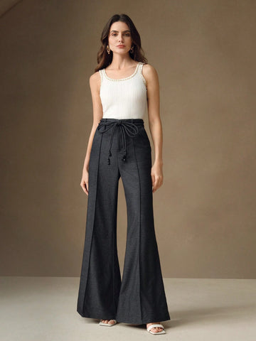 Anewsta Women's Vintage High Waist Tie Belted Wide Leg Flare Palazzo Trousers, New Year's Outfit