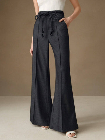 Anewsta Women's Vintage High Waist Tie Belted Wide Leg Flare Palazzo Trousers, New Year's Outfit