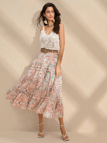 Anewsta Women's Vintage Printed Ruffle Hem Holiday Casual Skirt