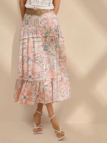 Anewsta Women's Vintage Printed Ruffle Hem Holiday Casual Skirt