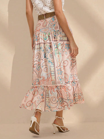 Anewsta Women's Vintage Printed Ruffle Hem Holiday Casual Skirt