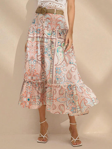 Anewsta Women's Vintage Printed Ruffle Hem Holiday Casual Skirt