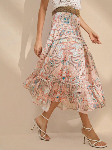 Anewsta Women's Vintage Printed Ruffle Hem Holiday Casual Skirt