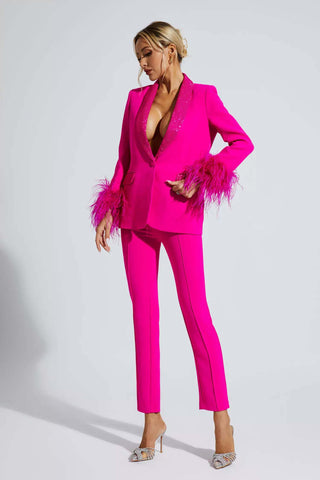 Angel Pink Feather Trim Diamond Blazer Set