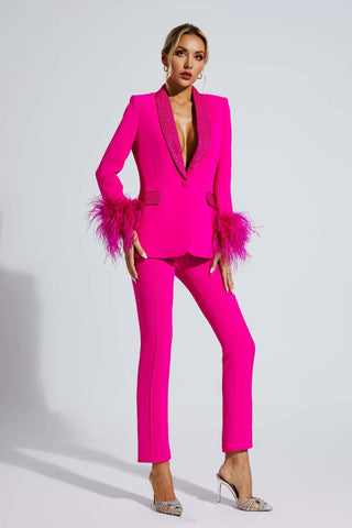 Angel Pink Feather Trim Diamond Blazer Set