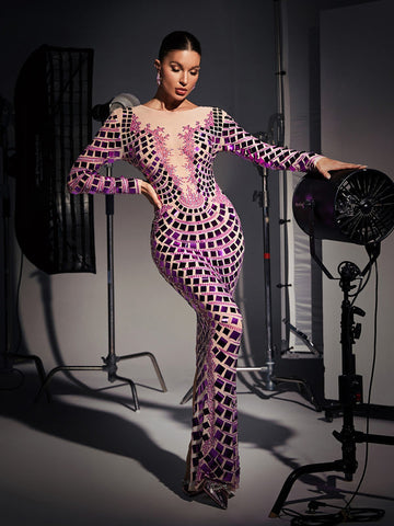 Angie Long Sleeve Curve Embellished Maxi Dress