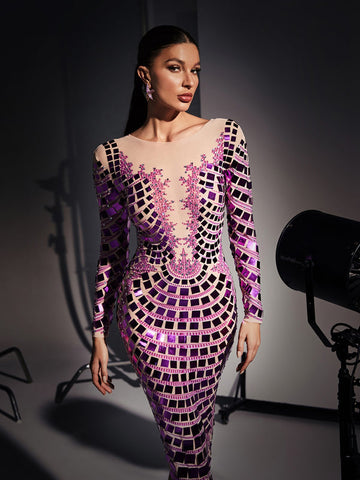 Angie Long Sleeve Curve Embellished Maxi Dress