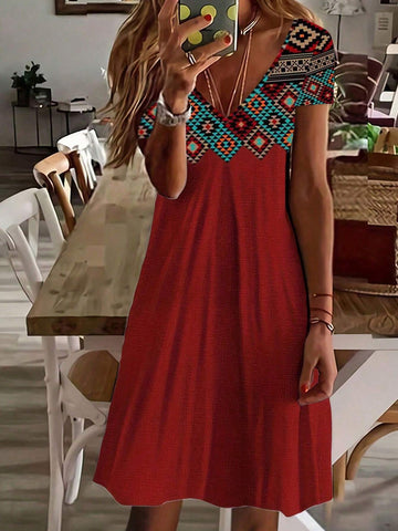 Animal Geometric Printed Casual V-Neck Short Sleeve Dress