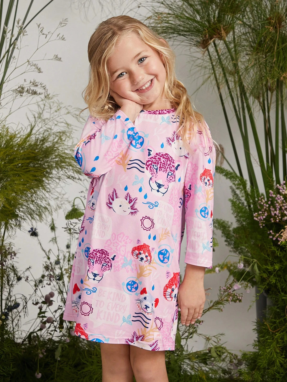 Young Girl Cartoon Animal Print Pink Comfortable Casual Long Sleeve Dress