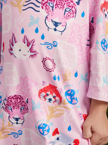 Young Girl Cartoon Animal Print Pink Comfortable Casual Long Sleeve Dress
