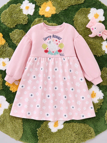 Young Girl Cartoon Rabbit Print & Floral All Over Print Round Neck Drop Shoulder Long Sleeve Sweatshirt Dress