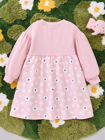 Young Girl Cartoon Rabbit Print & Floral All Over Print Round Neck Drop Shoulder Long Sleeve Sweatshirt Dress