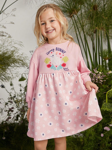 Young Girl Cartoon Rabbit Print & Floral All Over Print Round Neck Drop Shoulder Long Sleeve Sweatshirt Dress