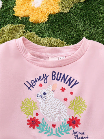 Young Girl Cartoon Rabbit Print & Floral All Over Print Round Neck Drop Shoulder Long Sleeve Sweatshirt Dress