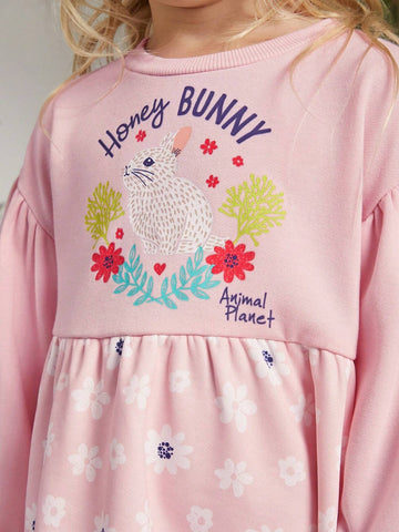 Young Girl Cartoon Rabbit Print & Floral All Over Print Round Neck Drop Shoulder Long Sleeve Sweatshirt Dress