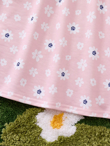 Young Girl Cartoon Rabbit Print & Floral All Over Print Round Neck Drop Shoulder Long Sleeve Sweatshirt Dress