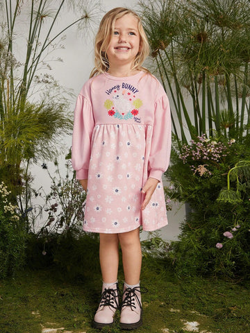 Young Girl Cartoon Rabbit Print & Floral All Over Print Round Neck Drop Shoulder Long Sleeve Sweatshirt Dress