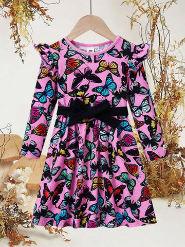 Young Girl Colorful Butterfly Print Ruffle Trim Cute And Sweet Casual Countryside Style Long Sleeve Dress