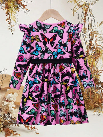 Young Girl Colorful Butterfly Print Ruffle Trim Cute And Sweet Casual Countryside Style Long Sleeve Dress