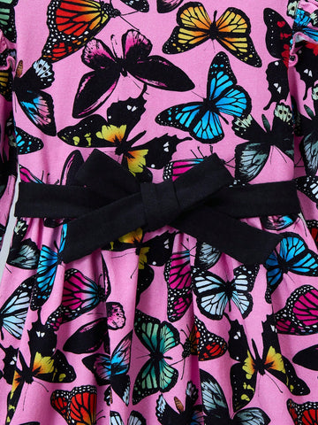 Young Girl Colorful Butterfly Print Ruffle Trim Cute And Sweet Casual Countryside Style Long Sleeve Dress