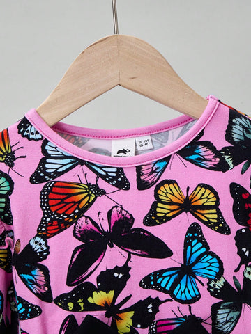 Young Girl Colorful Butterfly Print Ruffle Trim Cute And Sweet Casual Countryside Style Long Sleeve Dress