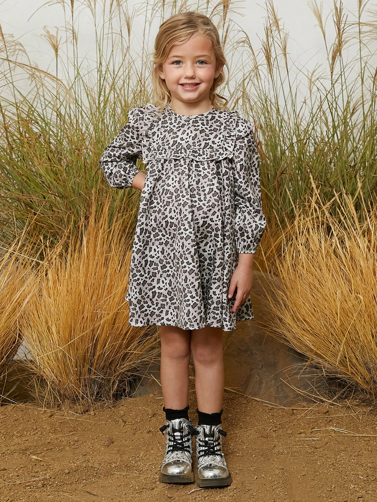 SHEIN Young Girl Cool Casual Leopard Print Ruffle Trim Long Sleeve Dress, Suitable For All Seasons
