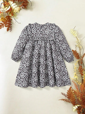 SHEIN Young Girl Cool Casual Leopard Print Ruffle Trim Long Sleeve Dress, Suitable For All Seasons